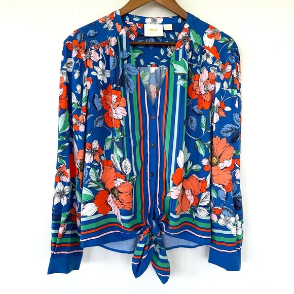 Maeve button  down shirt with v-neck, long sleeves & tie at waist, floral print - Picture 1 of 13